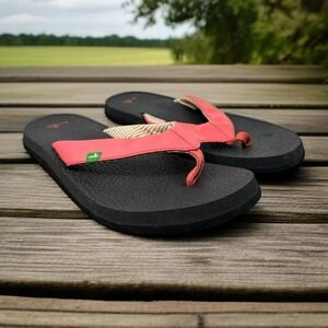 Sanuk Yoga Sling 2 Sandals Coral Pink Tan Stripe Womens Size 11 Flip Flops